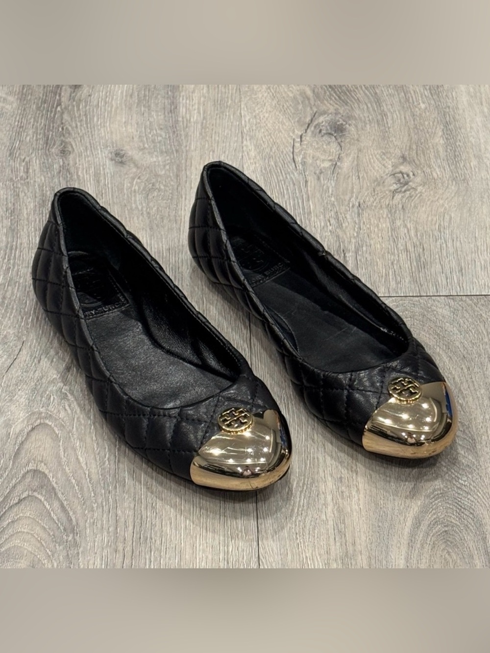 Tory Burch Kaitlin Quilted Black Leather Ballet Flats with Gold Toe Hardware
